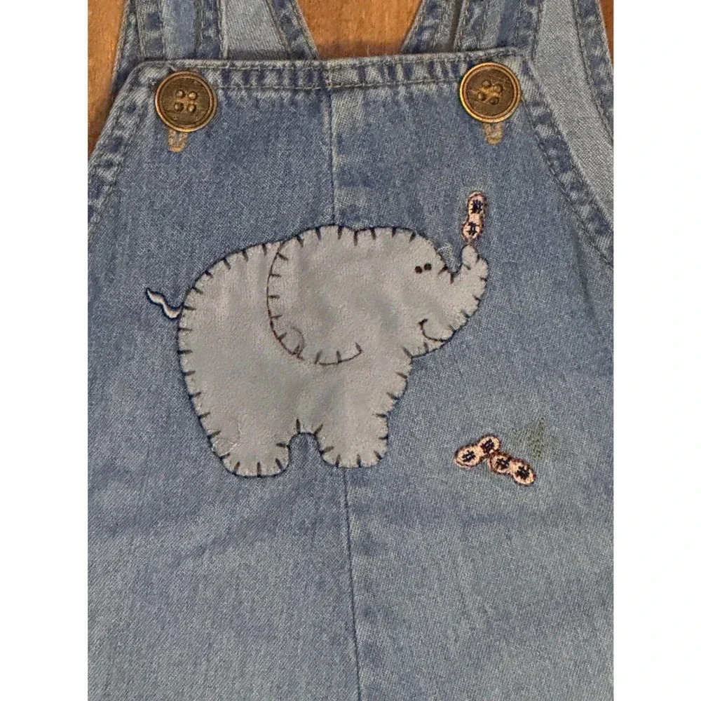 Blooz by Cachcach Vintage Elephant Denim Overalls Romper Light Wash 18M USA Made